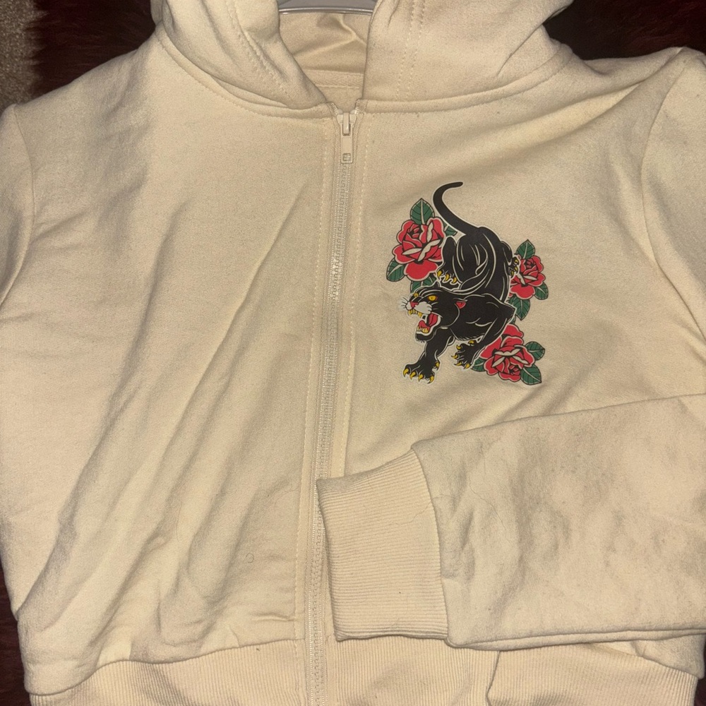 Ed Hardy Cream Hoodie with Panther and Roses